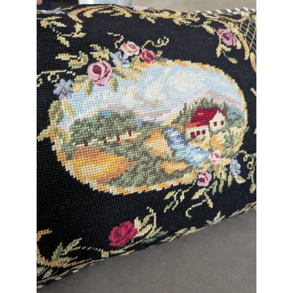 Vintage Needlepoint Pillow Down Fill Wool Embroidery Cottage Floral Scene 16x22